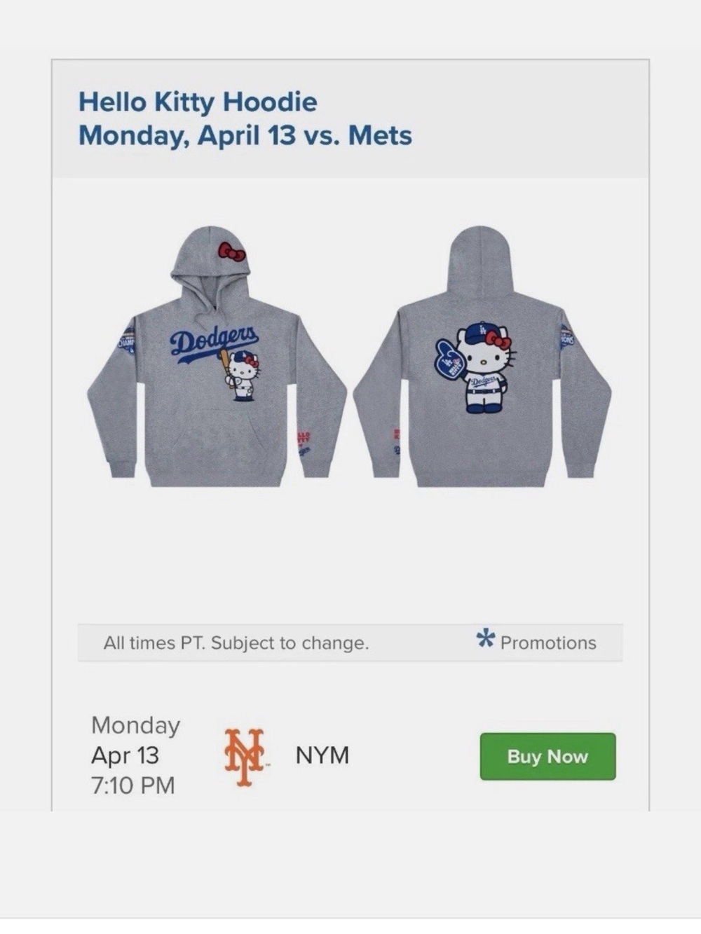 Hello Kitty Dodgers Hoodie in Gray special giveaway April 13